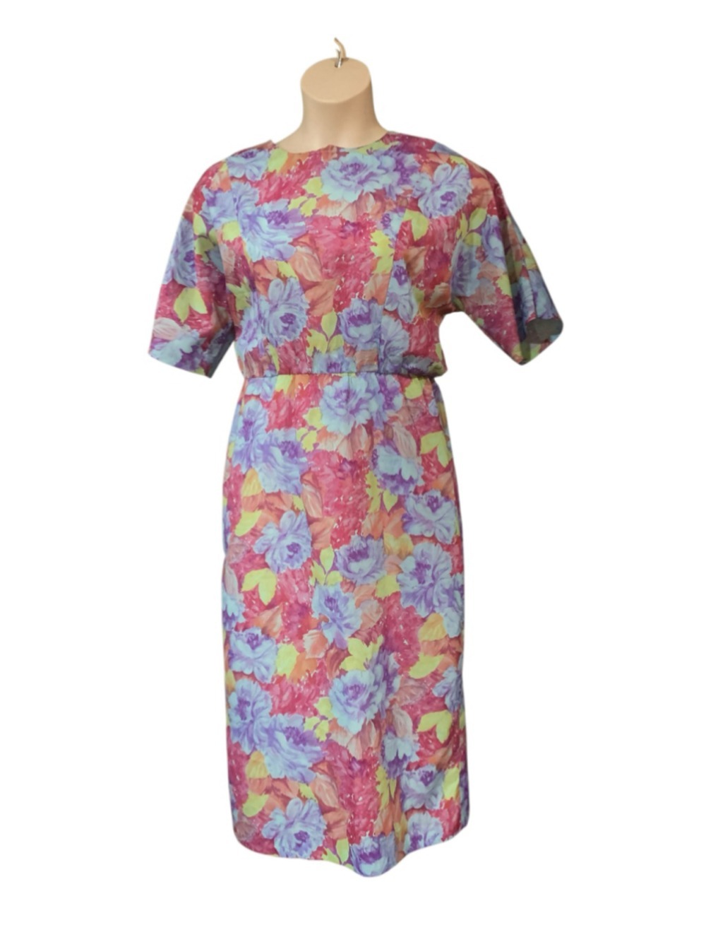 Vntg 60’s Women's handmade Volup water color Floral Midi Dress, Pink and Purple